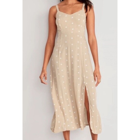 Old Navy Dresses & Skirts - old navy strap tank maxi Dress beige white polka dot Y2K mocked back Size L